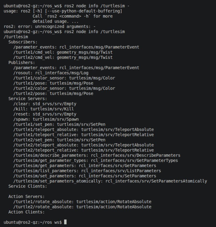 ros2 node info /turtlesim listing the node's subscribers, publishers, service servers and action servers
